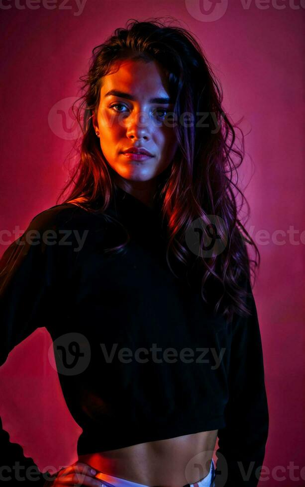 photo of beautiful woman with red and pink lighting and backdrop , generative AI