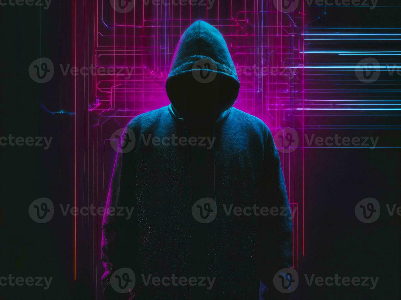 photo of man in black hoodie in server data center room with neon light, generative AI