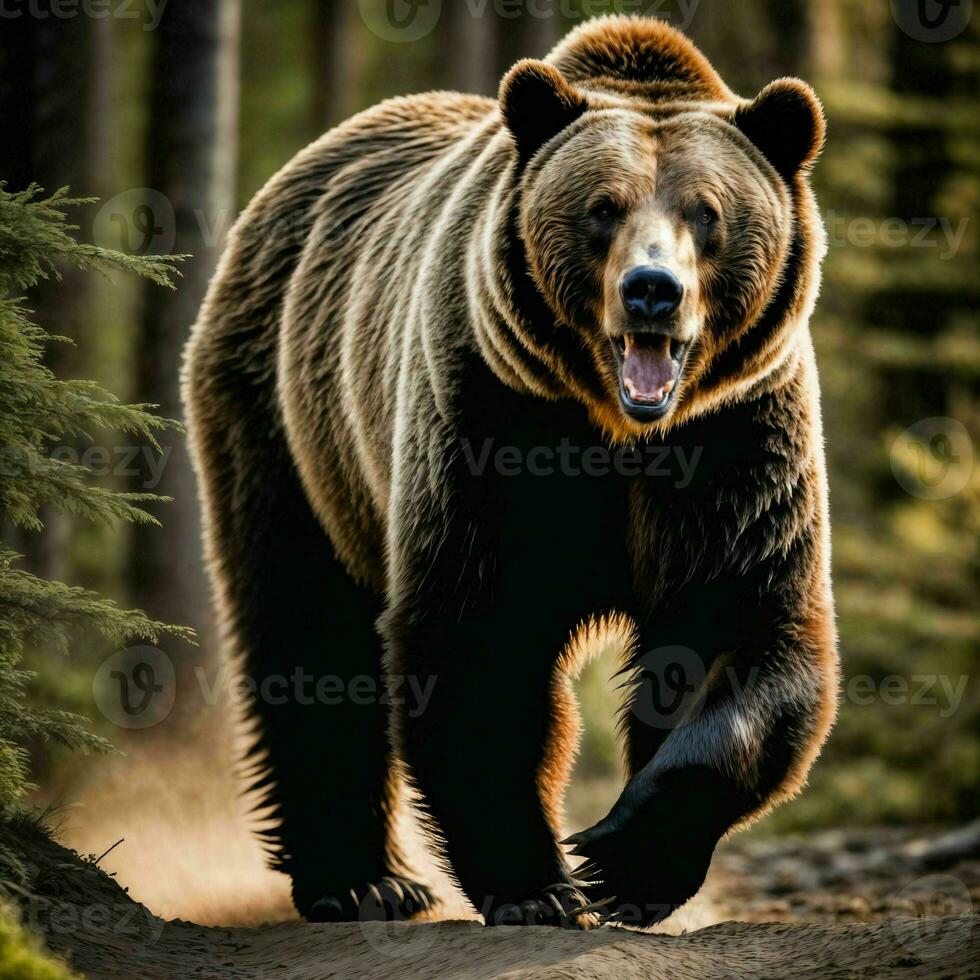 photo of big angry grizzly bear running in the jungle, generative AI