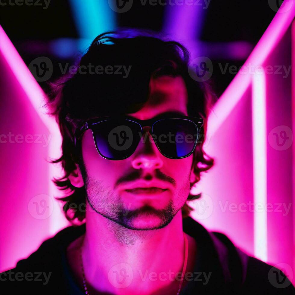 foto de hermoso hombre con con mezclado rosado y azul neón luz, generativo ai