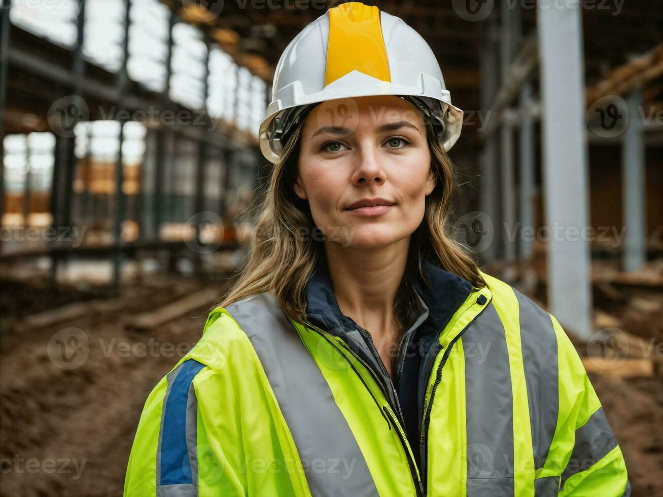 photo of woman as a construction worker with helmet, generative AI