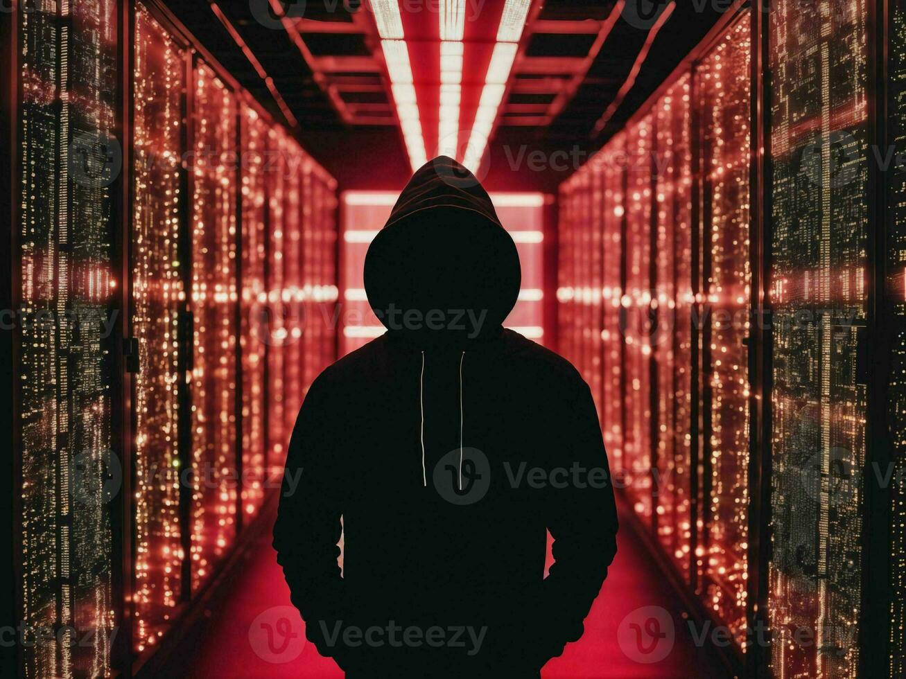 photo of man in black hoodie in server data center room with neon light, generative AI