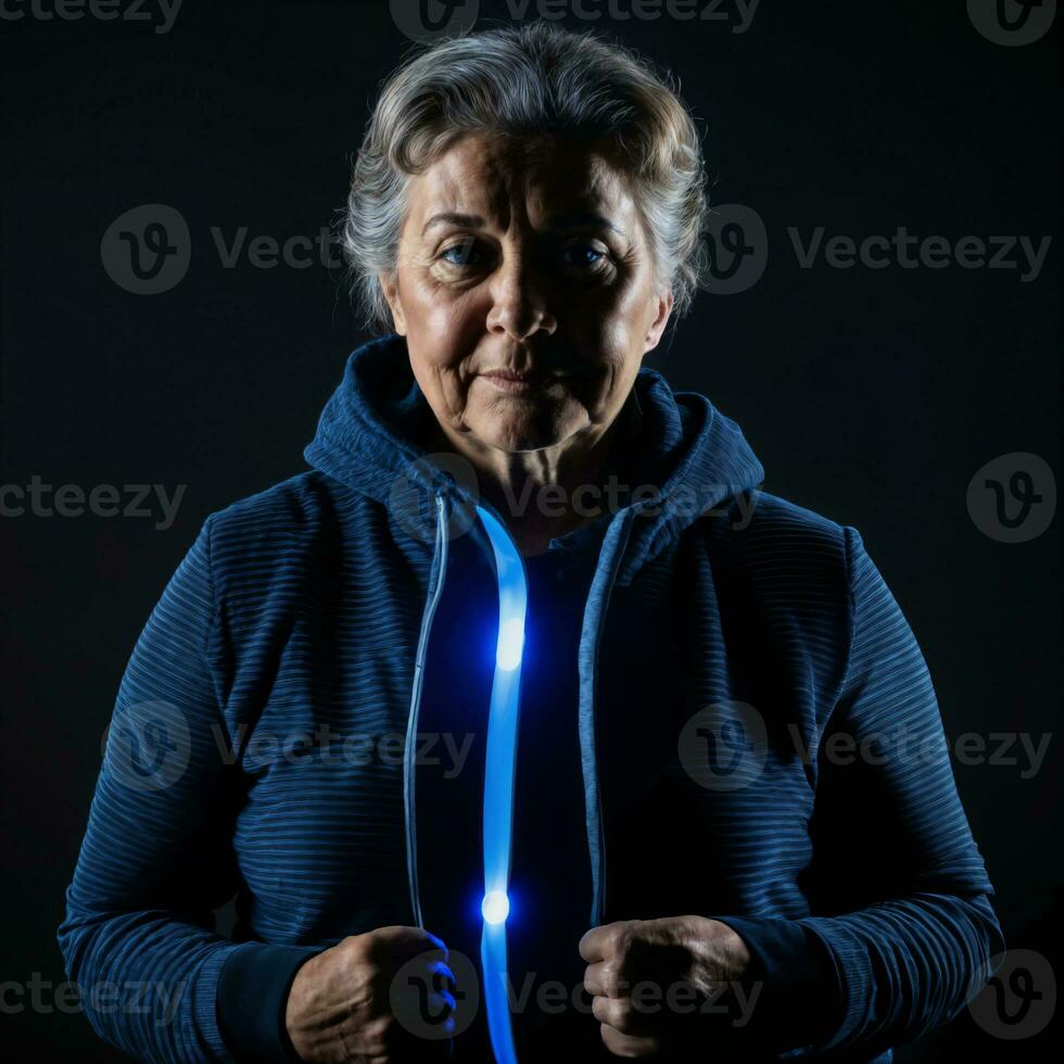 photo of middle aged old woman with blue light on black background, generative AI