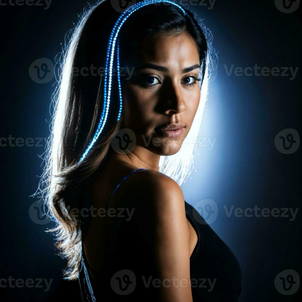 photo of beautiful woman with blue light on black background, generative AI