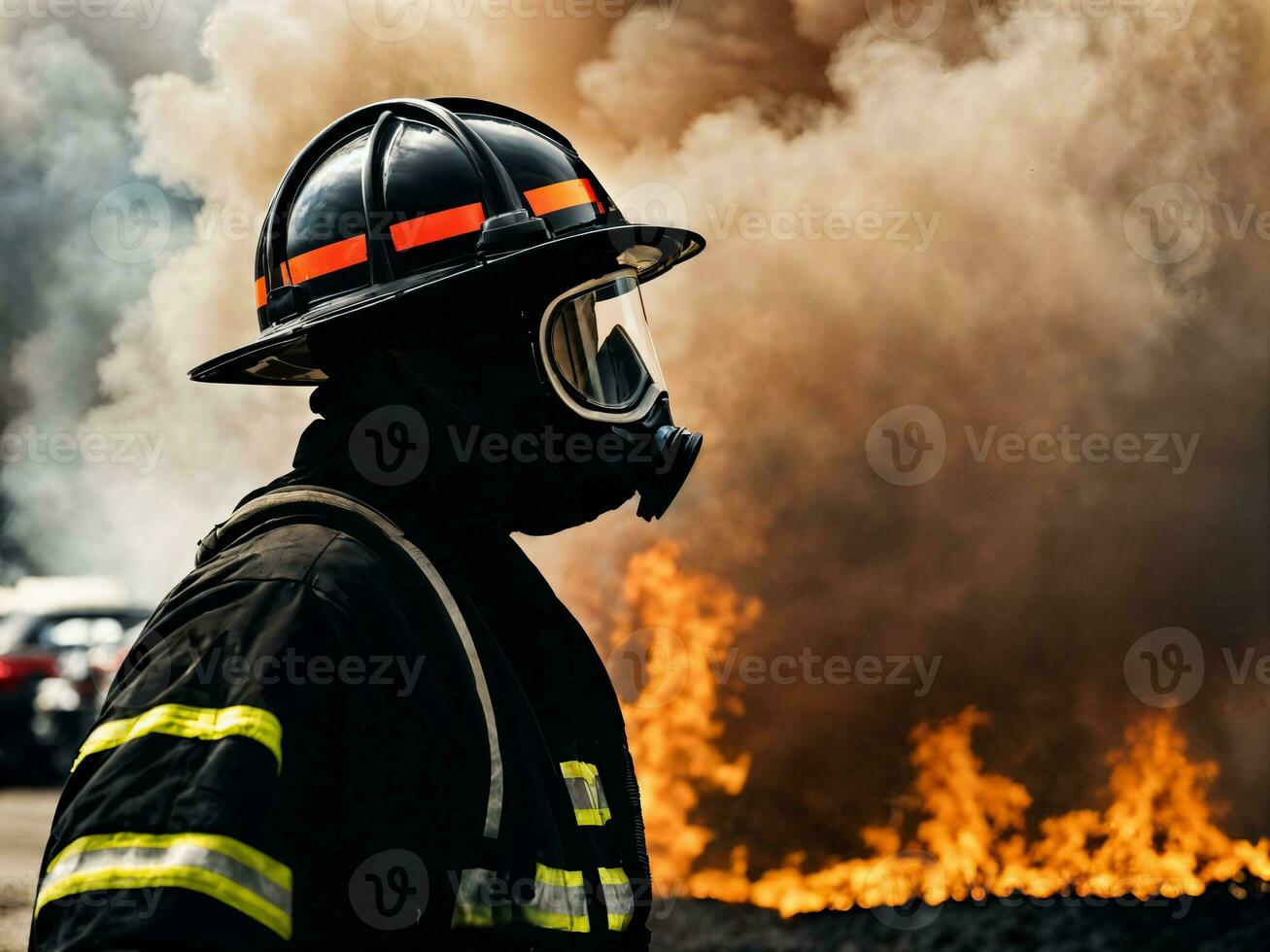 photo of firefighter with big fire cloud and smoke in background, generative AI