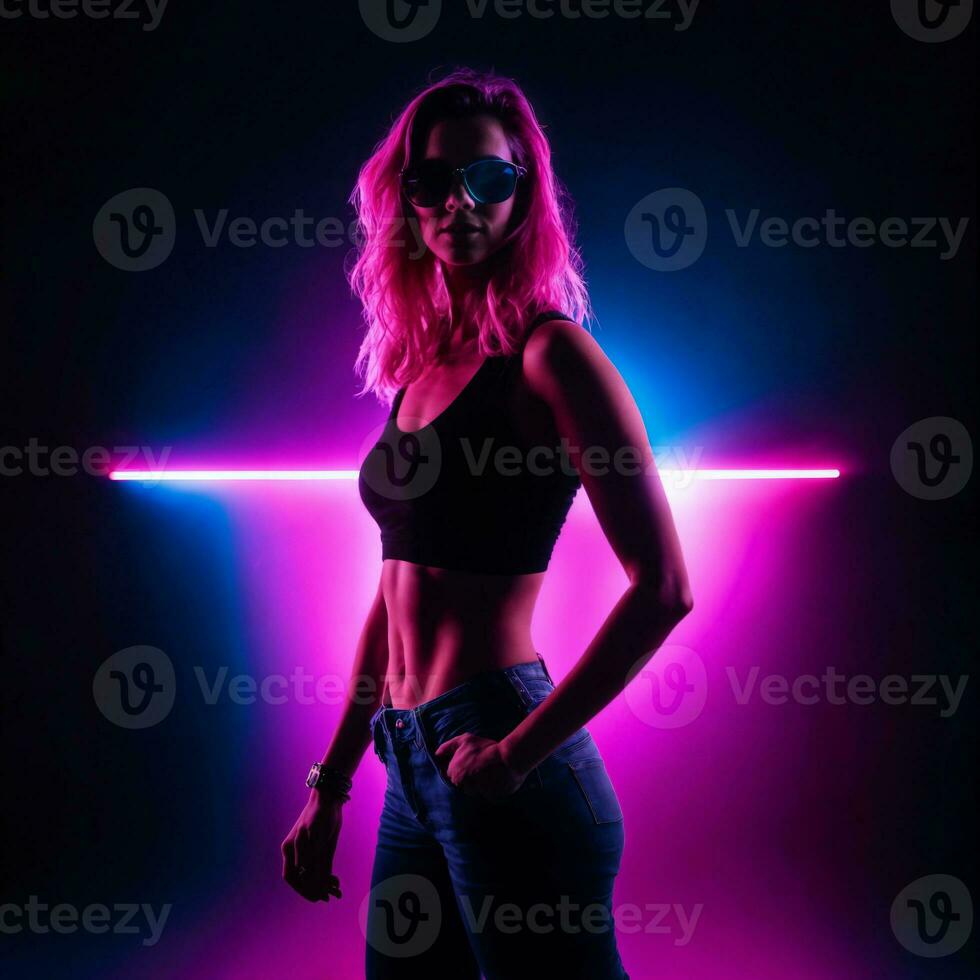 photo of beautiful woman with with mixed pink and blue neon light, generative AI