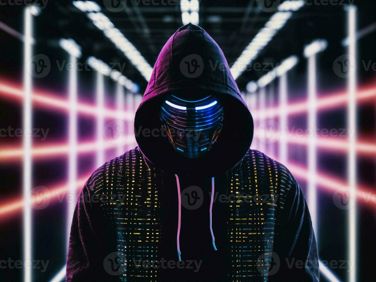 photo of man in black hoodie in server data center room with neon light, generative AI