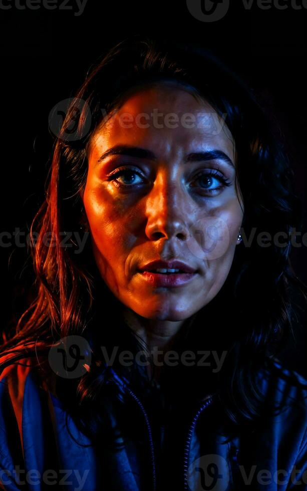 photo of beautiful woman with mixed red and blue lighting , generative AI