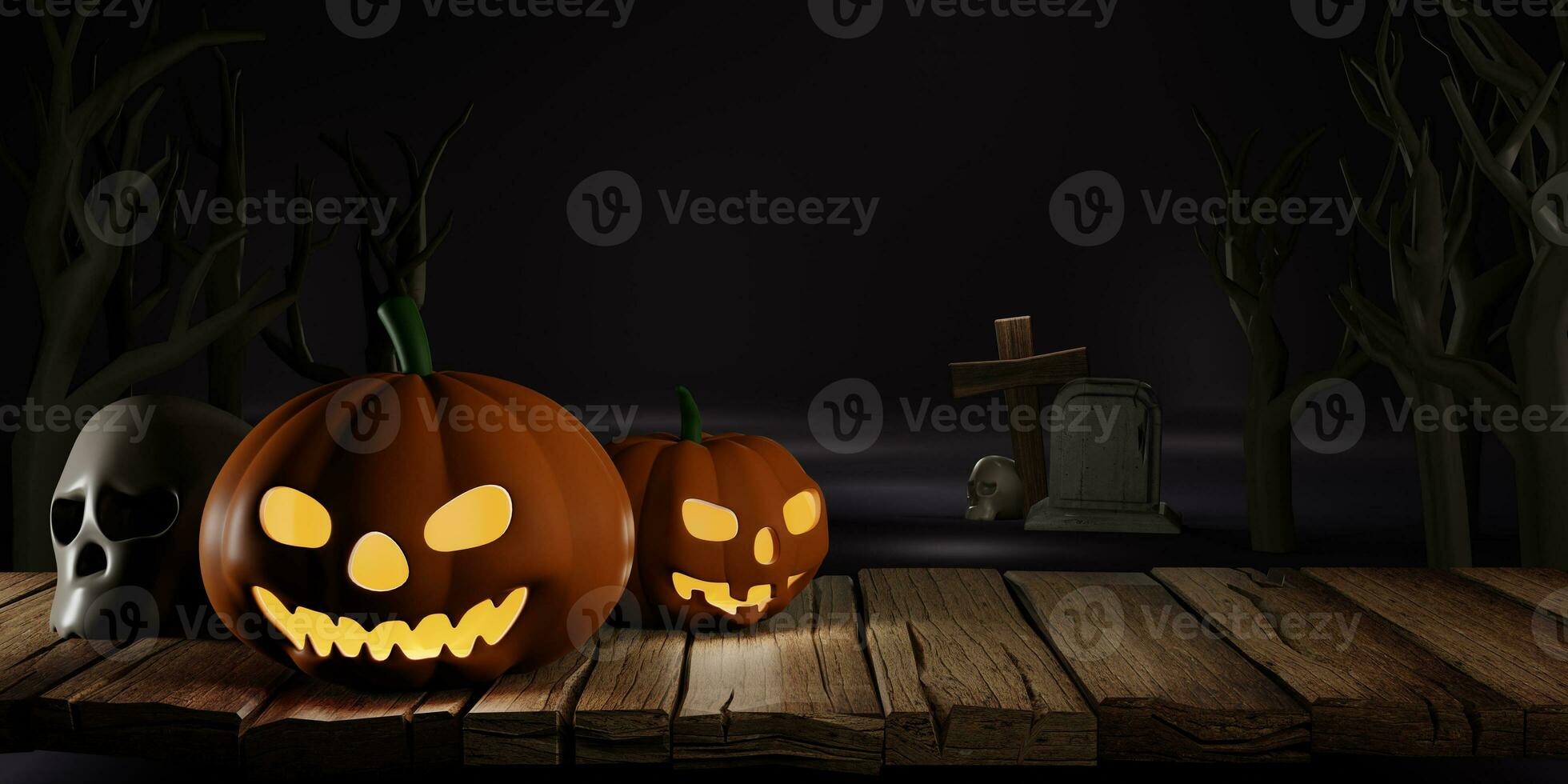 3d Rendering. For design halloween banner with pumpkin,crucifix, skull, grave on wooden background. Dry trees in the cemetery at night. with copy space. photo