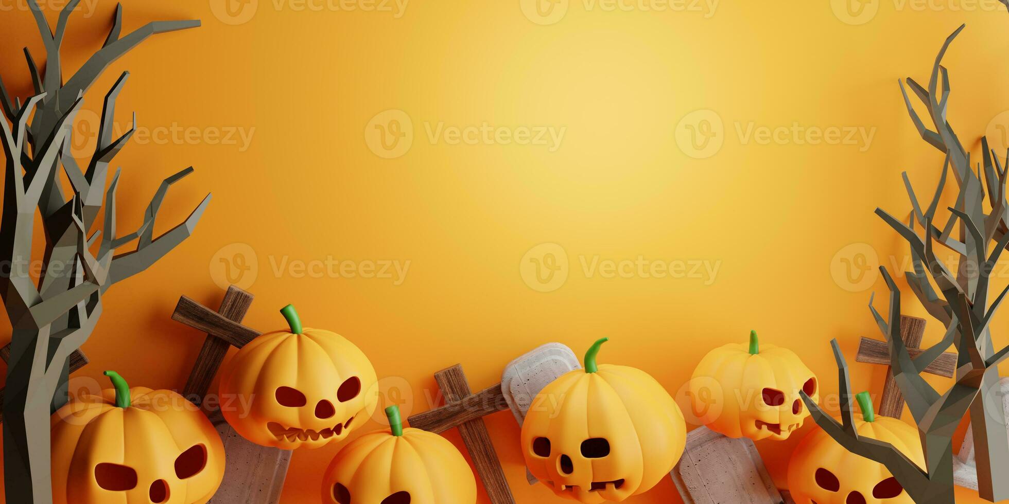 3d Rendering. Design for Halloween banner with pumpkin,crucifix, skull, grave on orange background. Dry trees in the cemetery. with copy space. photo