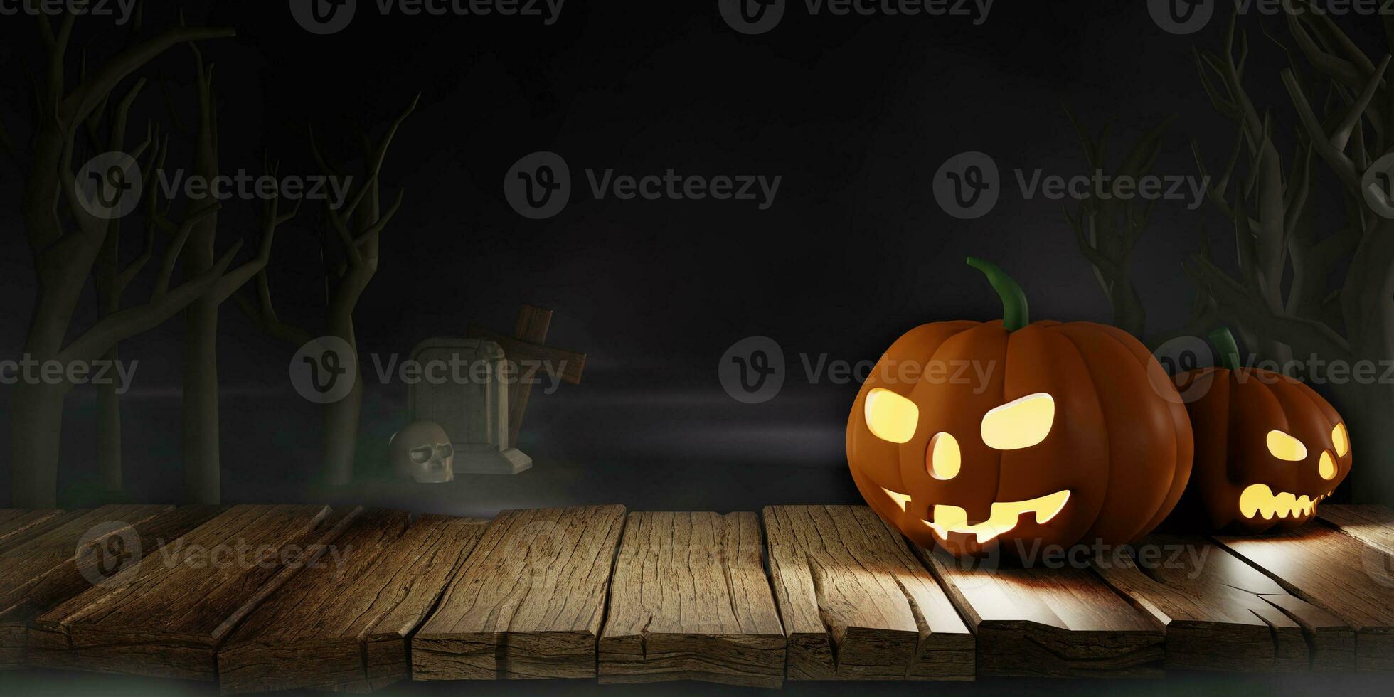 3d Rendering. For design halloween banner with pumpkin,crucifix, skull, grave on wooden background. Dry trees in the cemetery at night. with copy space. photo