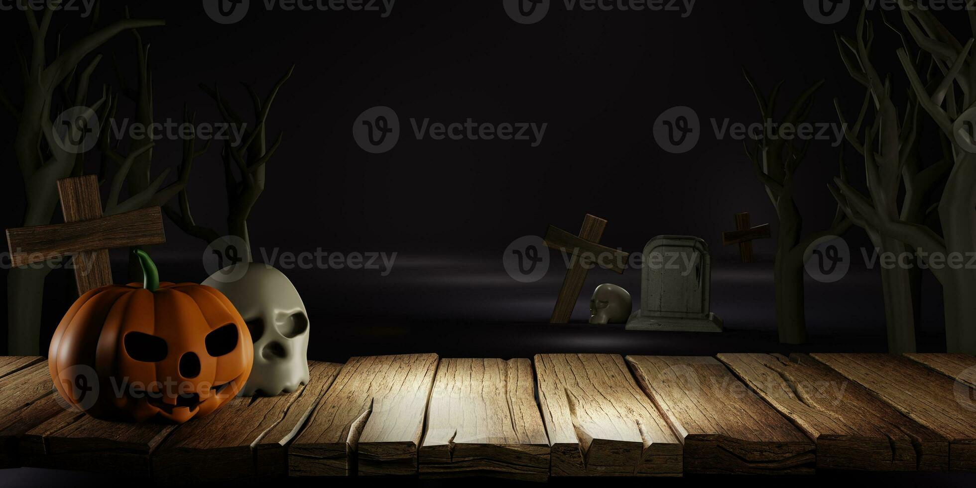 3d Rendering. For design halloween banner with pumpkin,crucifix, skull, grave on wooden background. Dry trees in the cemetery at night. with copy space. photo