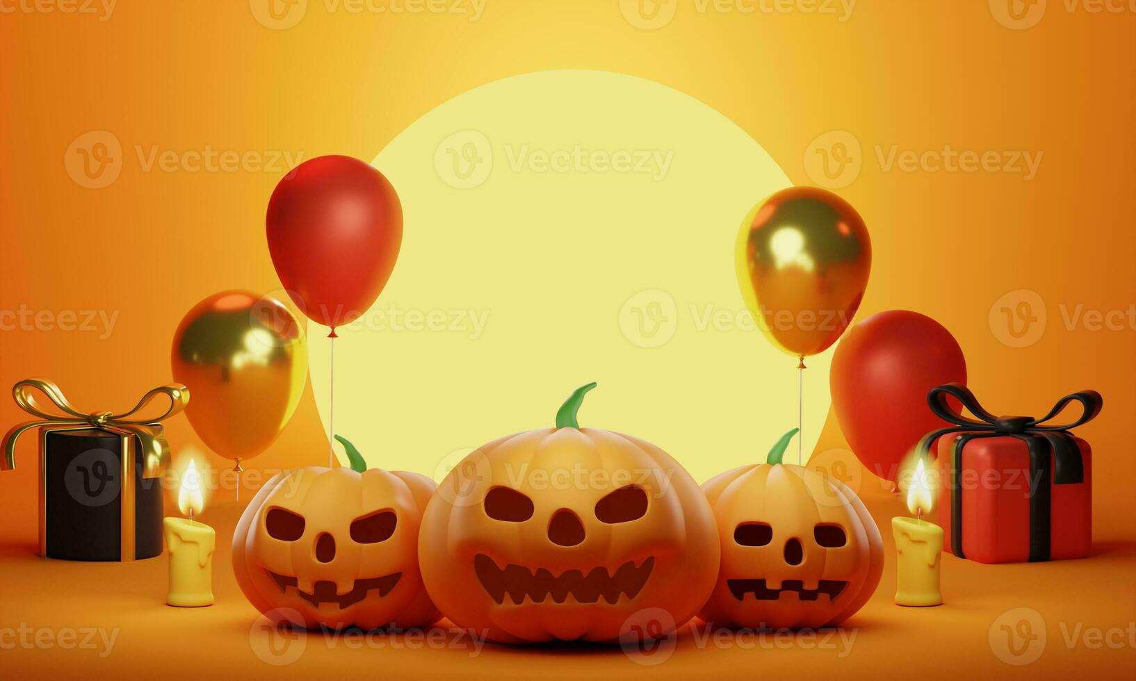 Halloween Sale Promotion Poster template with Product display stage. Halloween pumpkins and Ghost Balloons with moon light and orange background. Website spooky or banner template. with copy space. photo