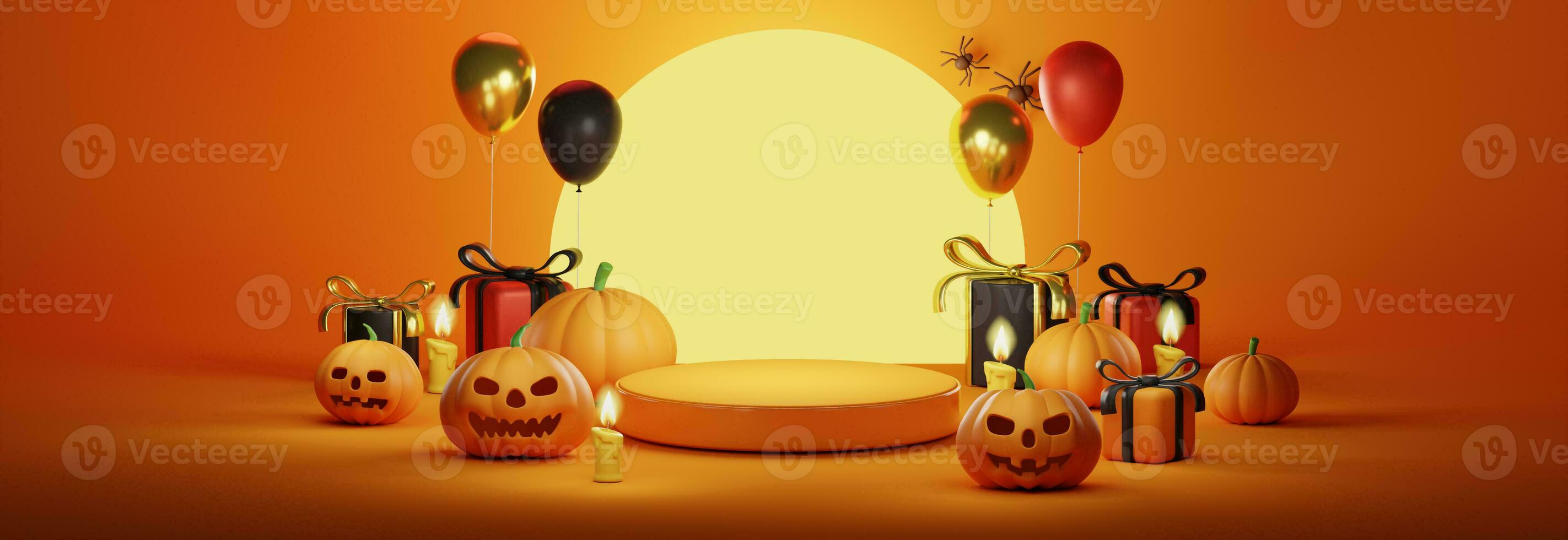 Halloween Sale Promotion Poster template with Product display stage. Halloween pumpkins and Ghost Balloons with moon light and orange background. Website spooky or banner template. with copy space. photo