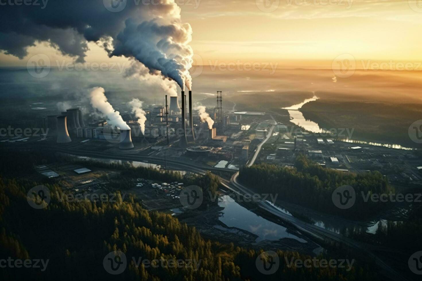 Industrial factory tall smokestacks released smoky emissions from smoke pipes. CO2 greenhouse gas, deteriorating air quality, air pollution, and climate change. Carbon dioxide gas. Generative AI. photo