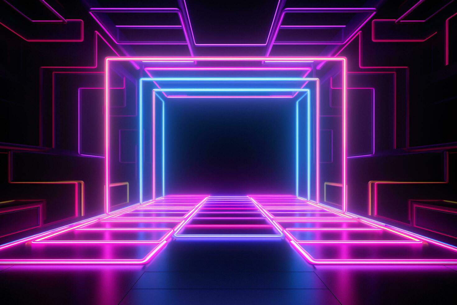 Abstract neon light geometric background. Glowing neon lines. Empty futuristic stage laser. Colorful rectangular laser lines. Square tunnel. Night club empty room. Laser show design. Generative AI. photo