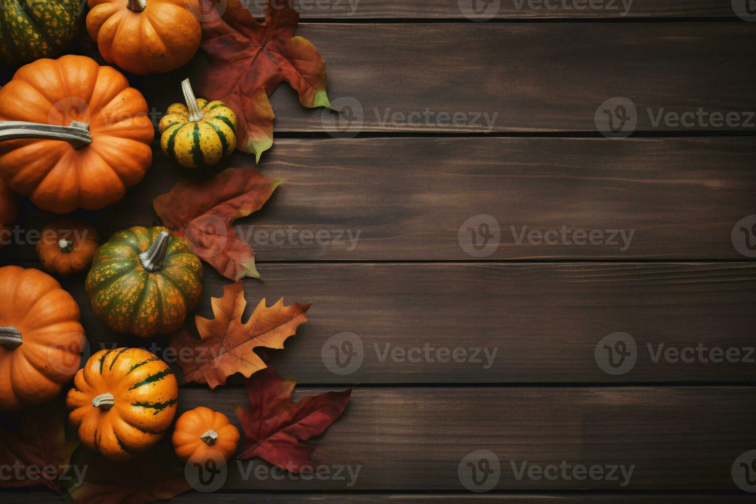 Thanksgiving background. Top view black wood table decor from pumpkin, red berry, dry leaves with copy space. Autumn and fall season background. Thanksgiving day or Halloween concept. Generative AI. photo