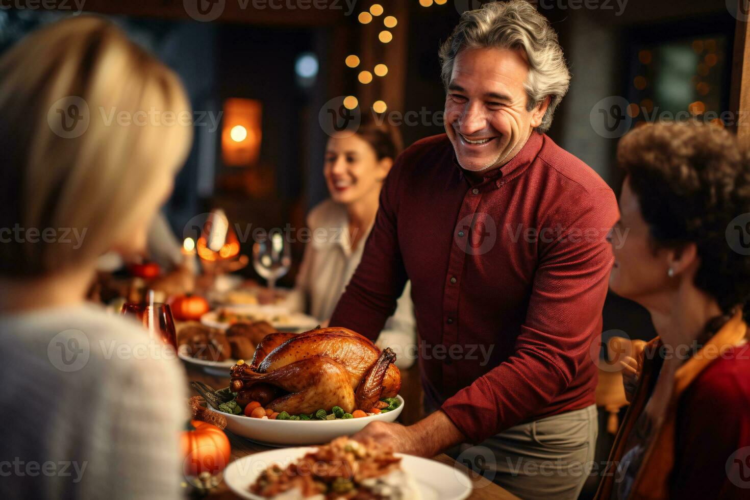 Happy Thanksgiving Day with family. Family sitting at Thanksgiving
