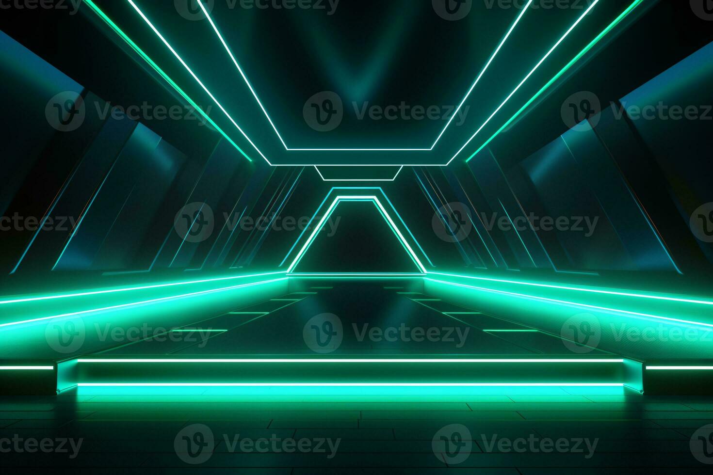 Neon light abstract background. Tunnel or corridor green neon glowing lights. Laser lines and LED technology create glow in dark room. Cyber club neon light stage room. Laser show. Generative AI. photo