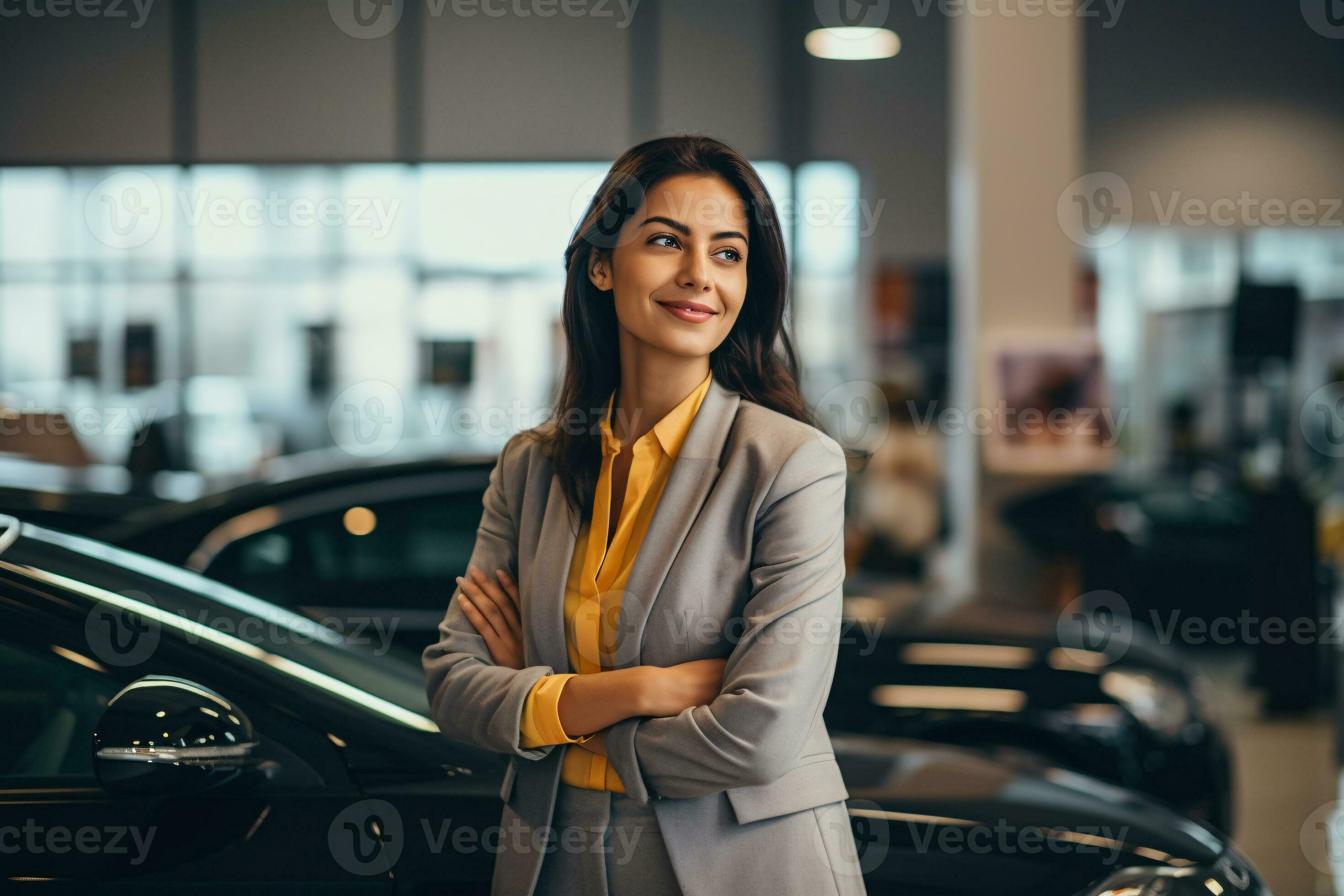 Professional luxury car saleswoman in luxury showroom. Auto dealership