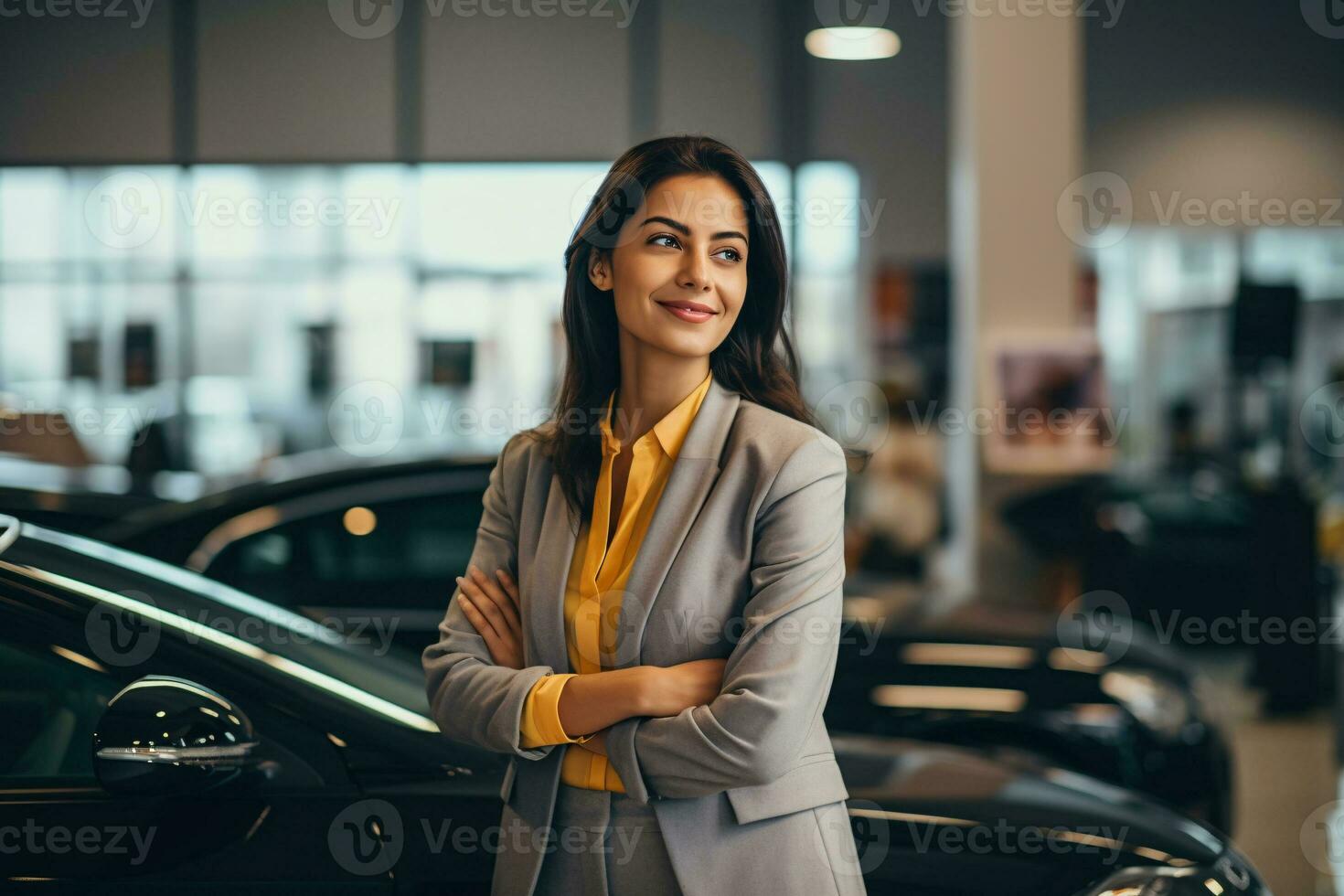 profesional lujo coche vendedora en lujo sala de exposición. auto concesión oficina. coche comerciante negocio. sonriente mujer en sala de exposición. costoso coche. automotor industria. lujo coche agente. generativo ai. foto