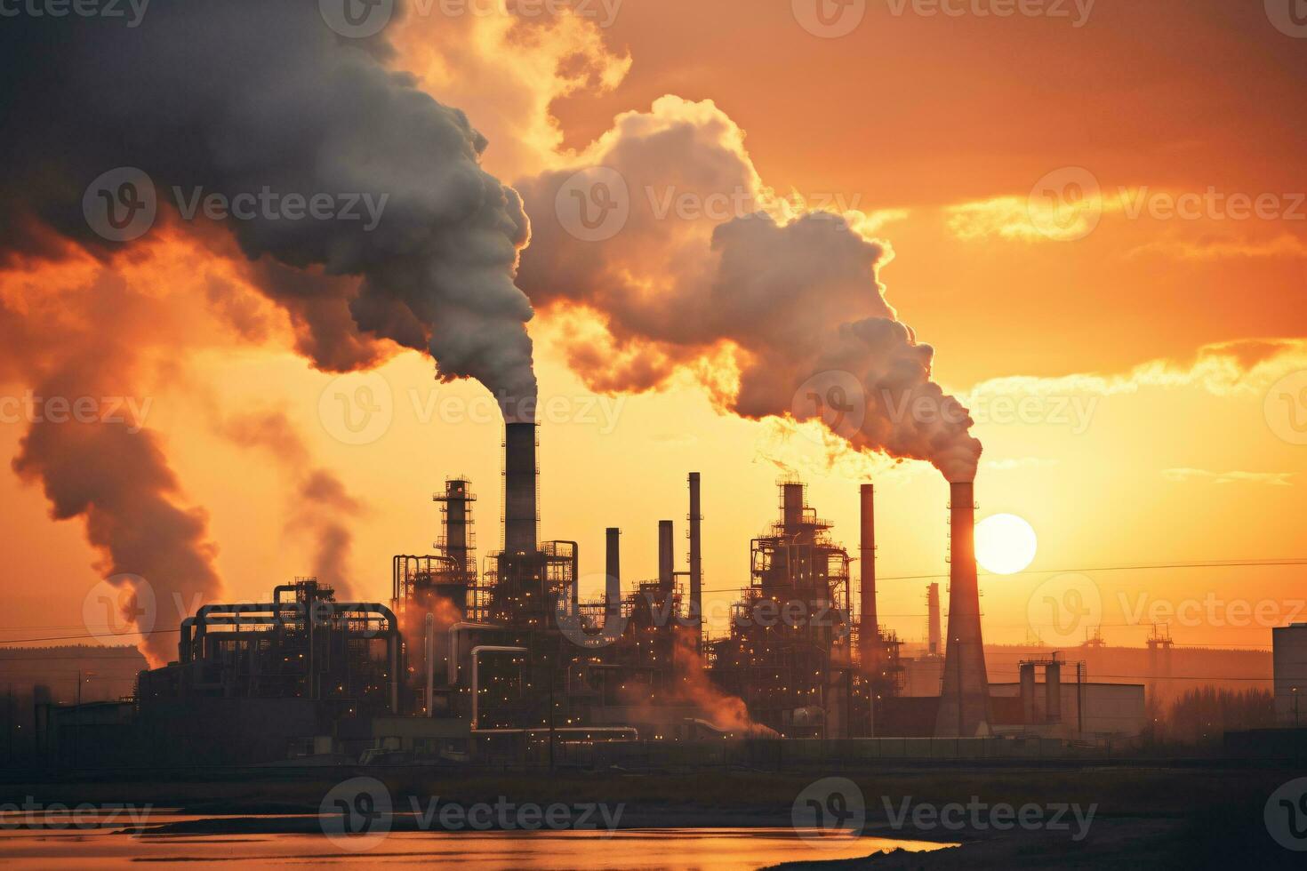 Industrial factory tall smokestacks released smoky emissions from smoke pipes. CO2 greenhouse gas, deteriorating air quality, air pollution, and climate change. Carbon dioxide gas. Generative AI. photo