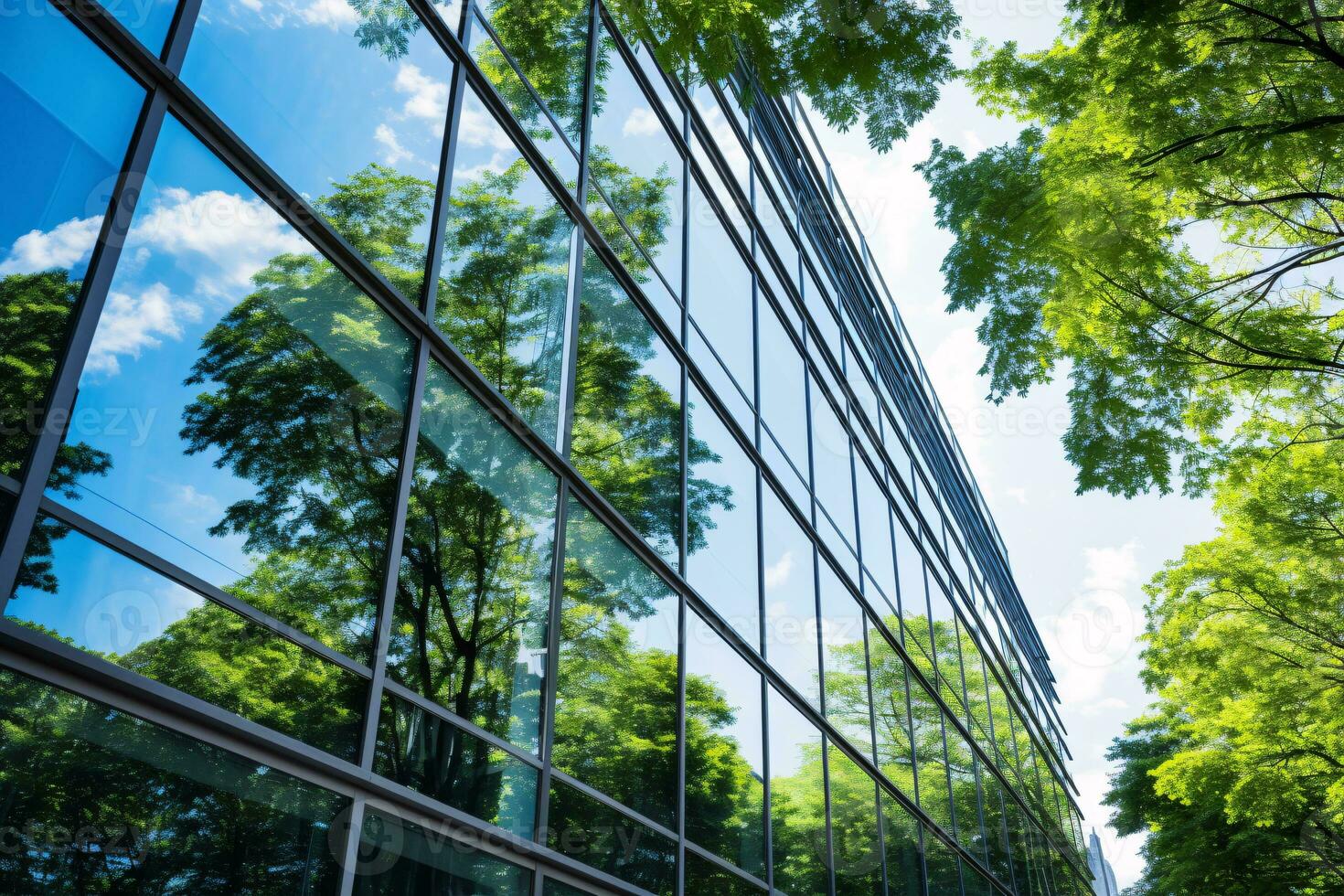 Eco-friendly building in the modern city. Sustainable glass office building with tree for reducing carbon dioxide. Office building with green environment. Corporate building reduce CO2. Generative AI. photo