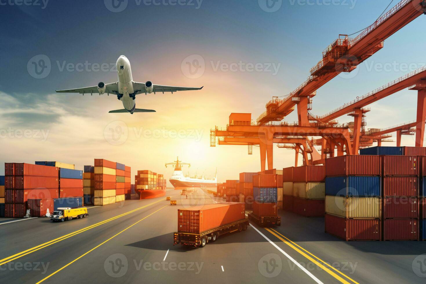 Global business logistic and transportation import export goods. Container cargo freight ship at international port. Cargo plane flying above truck shipping container. Logistic industry. Generative AI photo