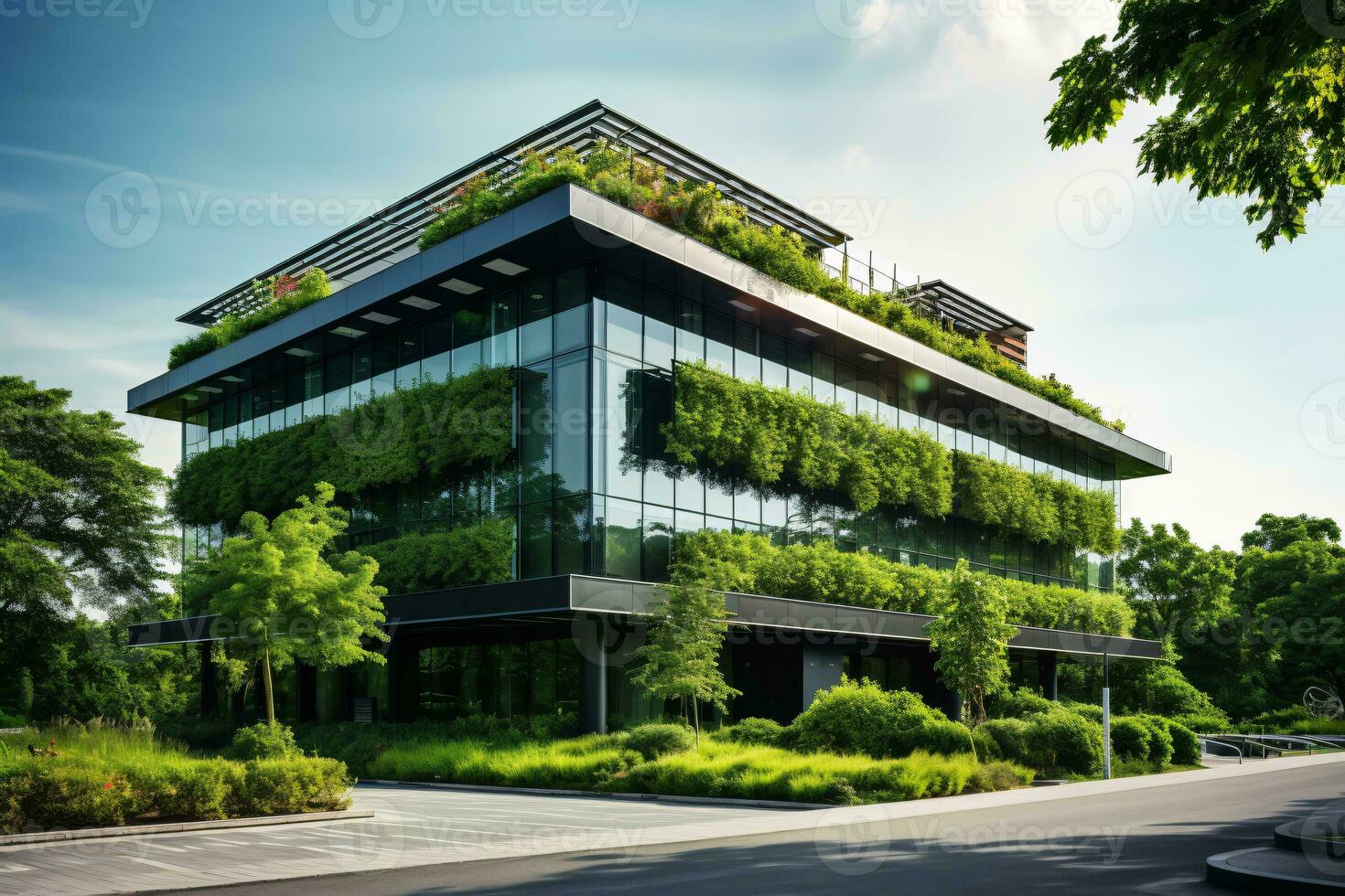 Eco-friendly building in the modern city. Sustainable glass office building with tree for reducing carbon dioxide. Office building with green environment. Corporate building reduce CO2. Generative AI. photo