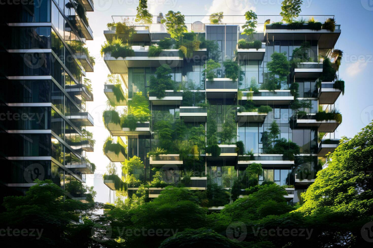 Sustainable green building in modern city. Green architecture. Eco-friendly building. Sustainable residential building with vertical garden reduce CO2. Apartment with green environment. Generative AI. photo