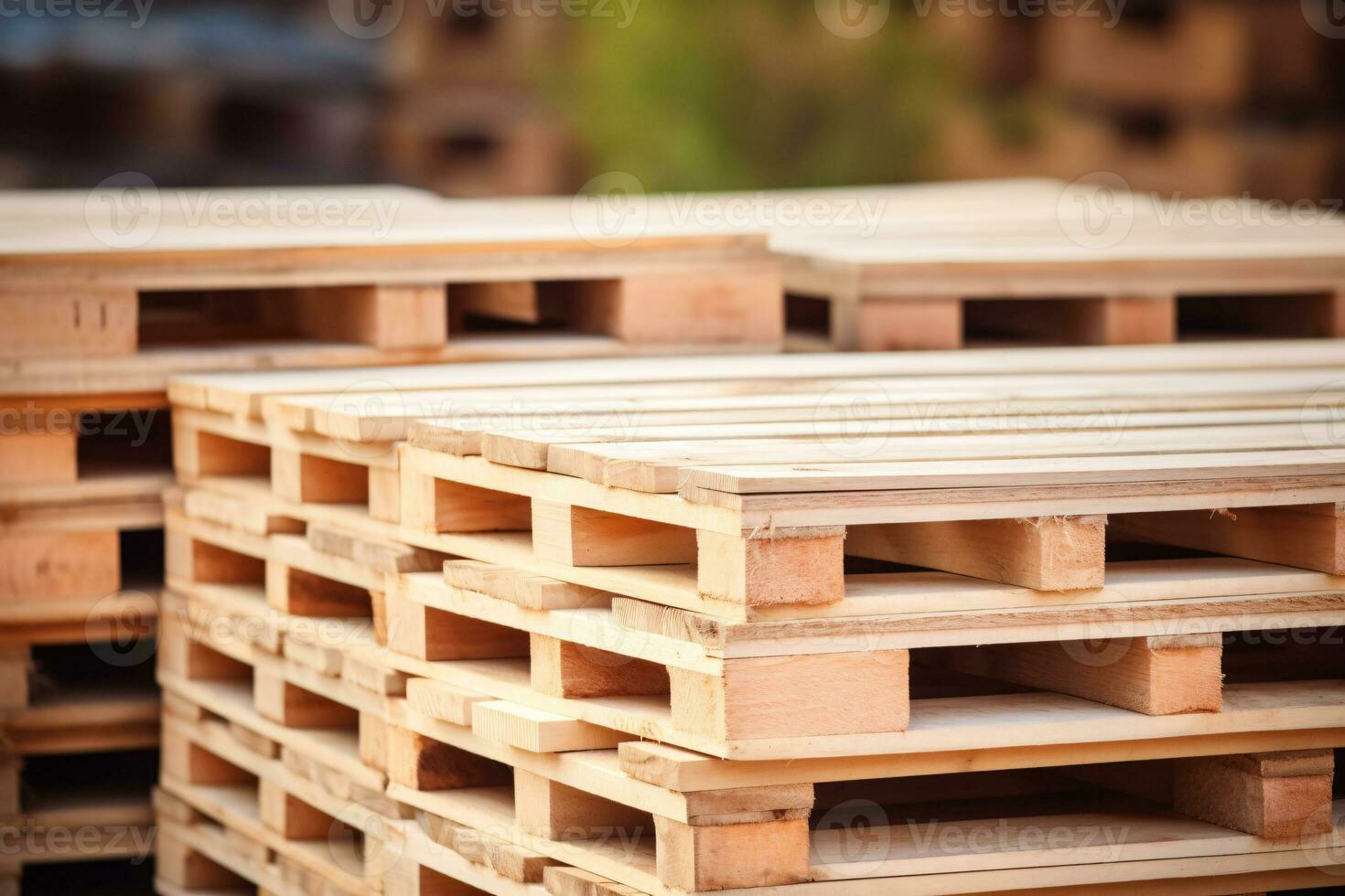 Stack of wooden pallet. Industrial wood pallet at factory warehouse. Cargo and shipping. Sustainability of supply chains. Eco-friendly and sustainable properties. Renewable wood pallet. Generative AI. photo