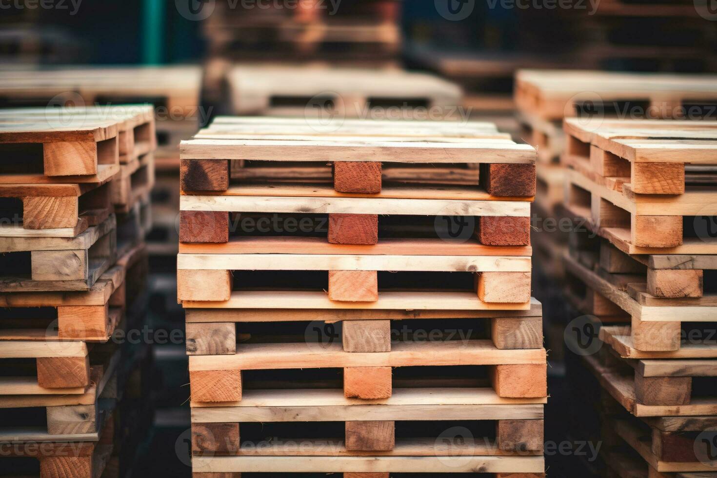 Stack of wooden pallet. Industrial wood pallet at factory warehouse. Cargo and shipping. Sustainability of supply chains. Eco-friendly and sustainable properties. Renewable wood pallet. Generative AI. photo