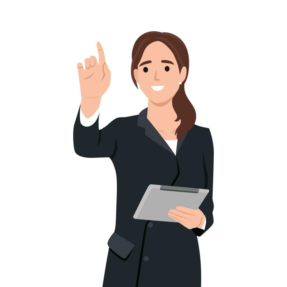 Young attractive businesswoman wearing formal suit is standing, holding tablet and touching air. Concept of contemporary successful business people. vector