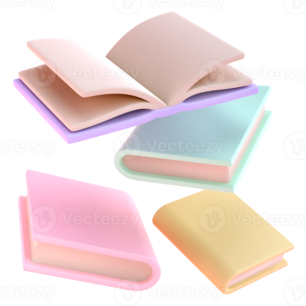3D Stack of Books falling down in air and one open book Icon. isolated transparent png. Render Educational Literature. Reading Education back to school concept png