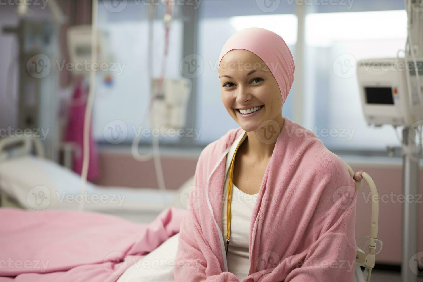 Happy cancer patient. Smiling woman after chemotherapy treatment at hospital oncology. Breast cancer recovery. Breast cancer survivor. Portrait smiling bald woman with a pink scarf. Generative AI. photo