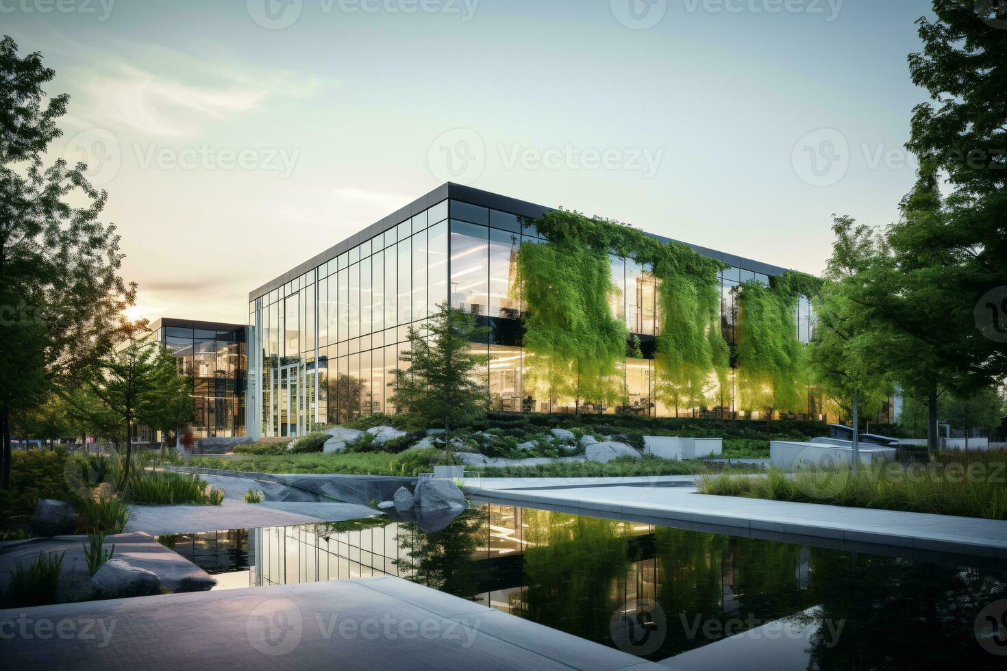 Eco-friendly building in the modern city. Sustainable glass office building with tree for reducing carbon dioxide. Office building with green environment. Corporate building reduce CO2. Generative AI. photo