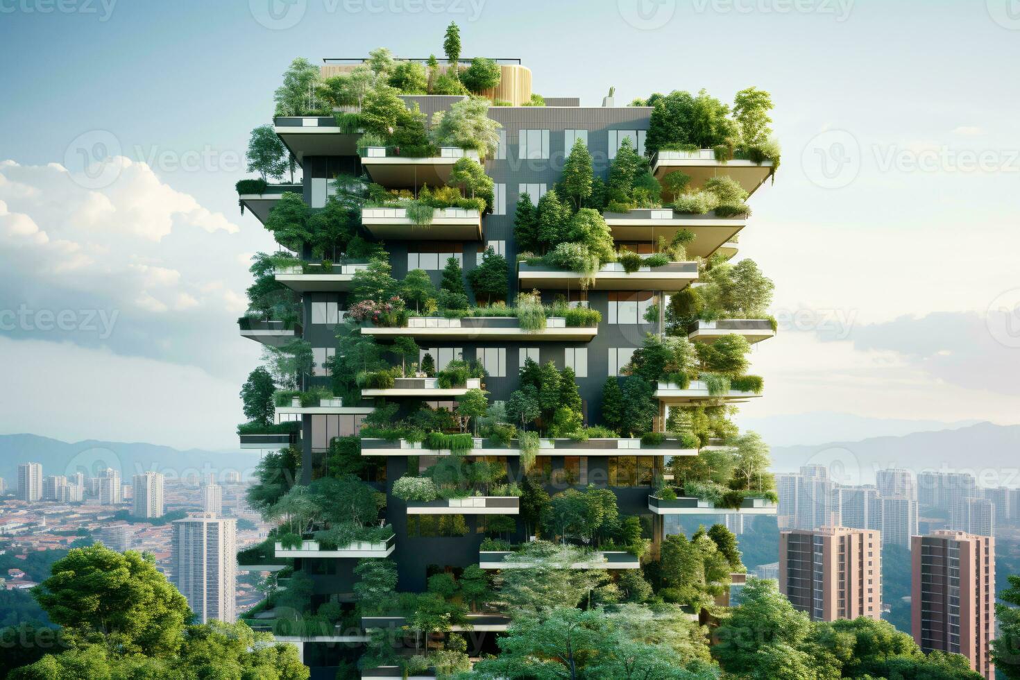 Sustainable green building in modern city. Green architecture. Eco-friendly building. Sustainable residential building with vertical garden reduce CO2. Apartment with green environment. Generative AI. photo