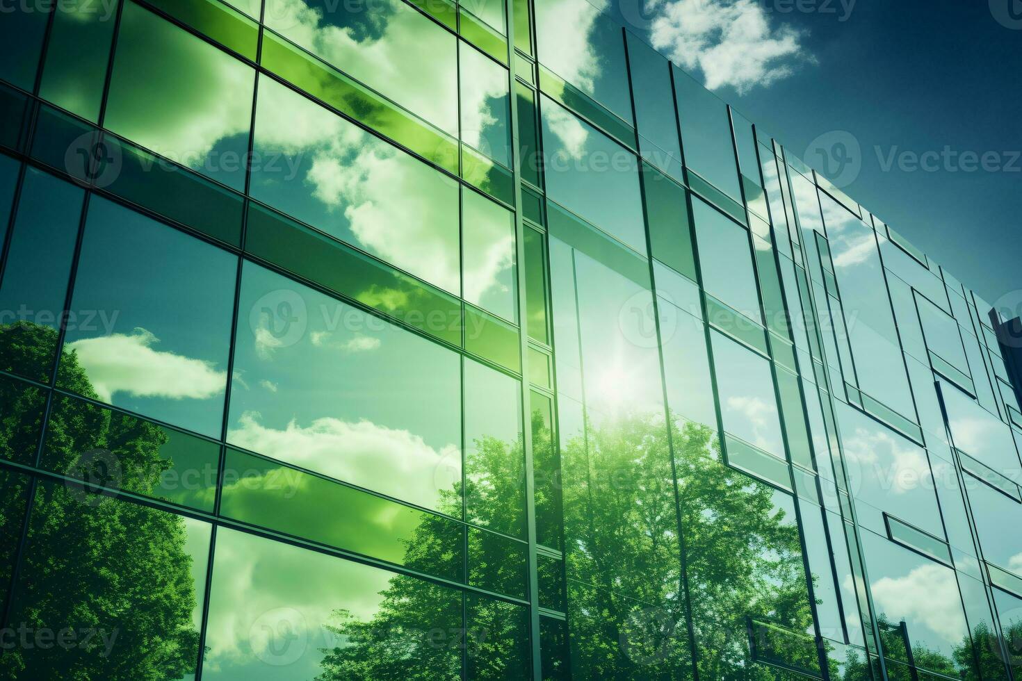 Eco-friendly building in the modern city. Sustainable glass office building with tree for reducing carbon dioxide. Office building with green environment. Corporate building reduce CO2. Generative AI. photo