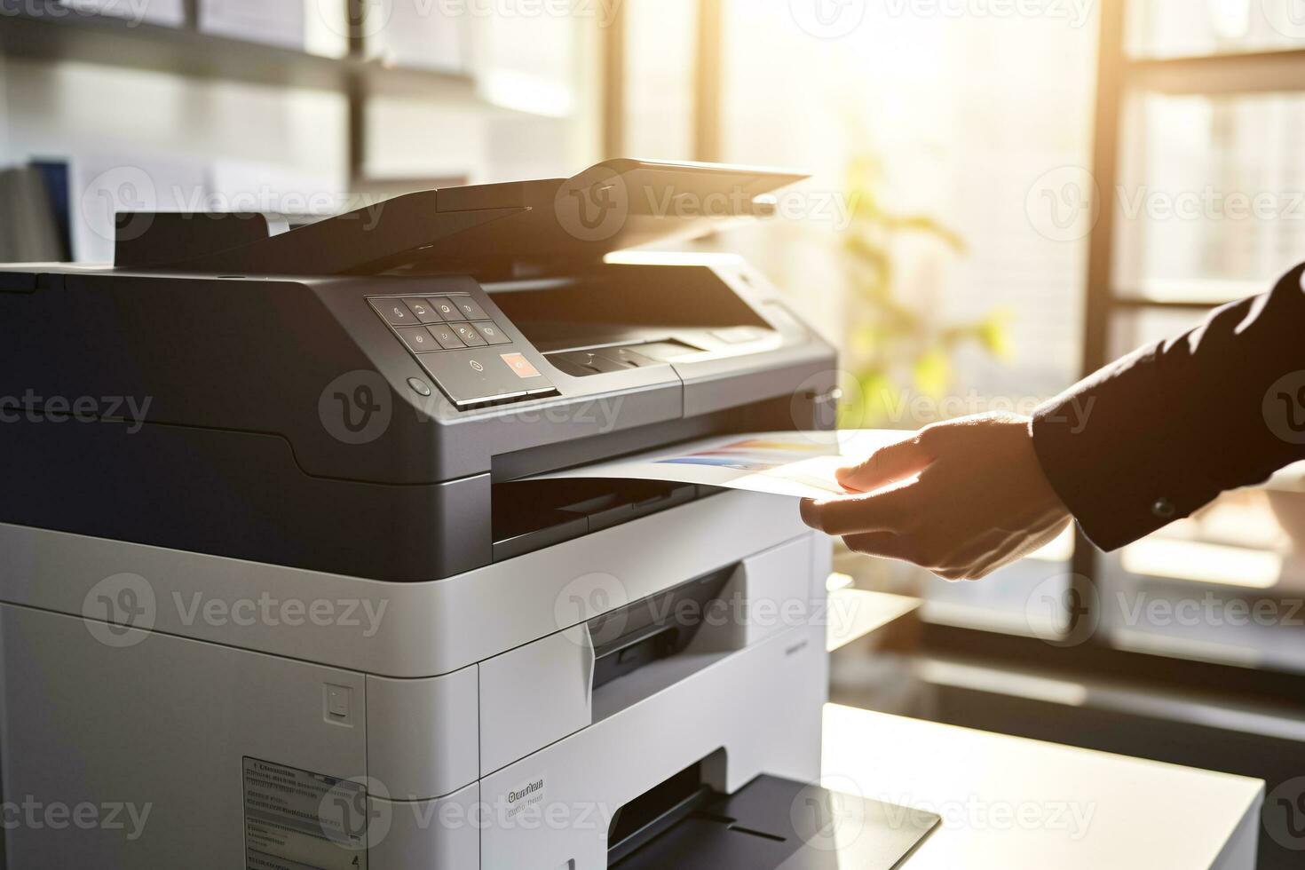 Businessman print paper on a multifunction laser printer in business office. Document and paperwork. Secretary work. Copy, print, scan, and fax machine. Print technology. Photocopy. Generative AI. photo