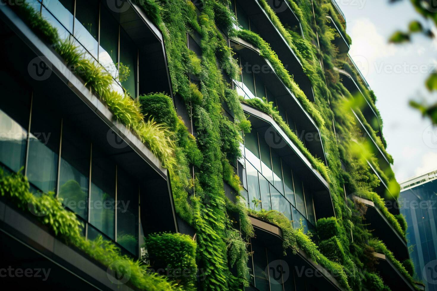 Sustainable green building in modern city. Green architecture. Eco-friendly building. Sustainable residential building with vertical garden reduce CO2. Apartment with green environment. Generative AI. photo