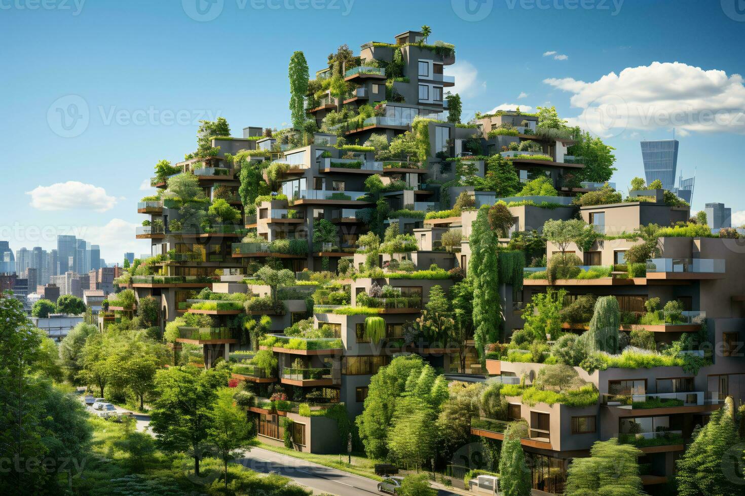 Sustainable green building in modern city. Green architecture. Eco-friendly building. Sustainable residential building with vertical garden reduce CO2. Apartment with green environment. Generative AI. photo
