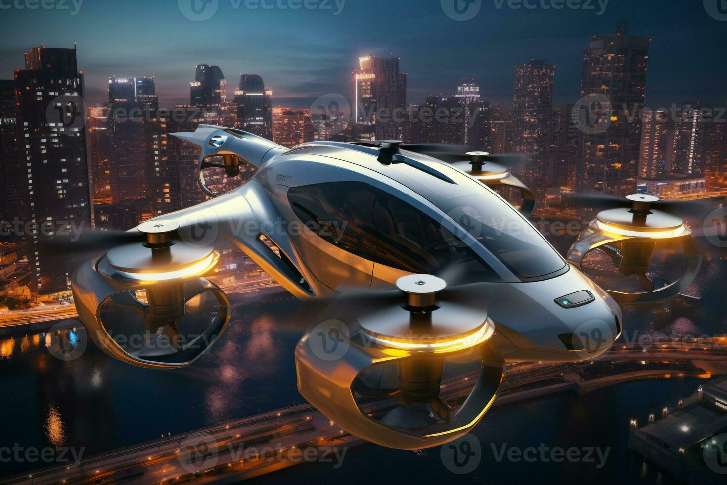 Air taxi and city view at night. Air vehicle. Personal air transport. Autonomous aerial taxi. Flying car. Urban aviation. Futuristic technology. Electric VTOL passenger aircraft. Generative AI. photo