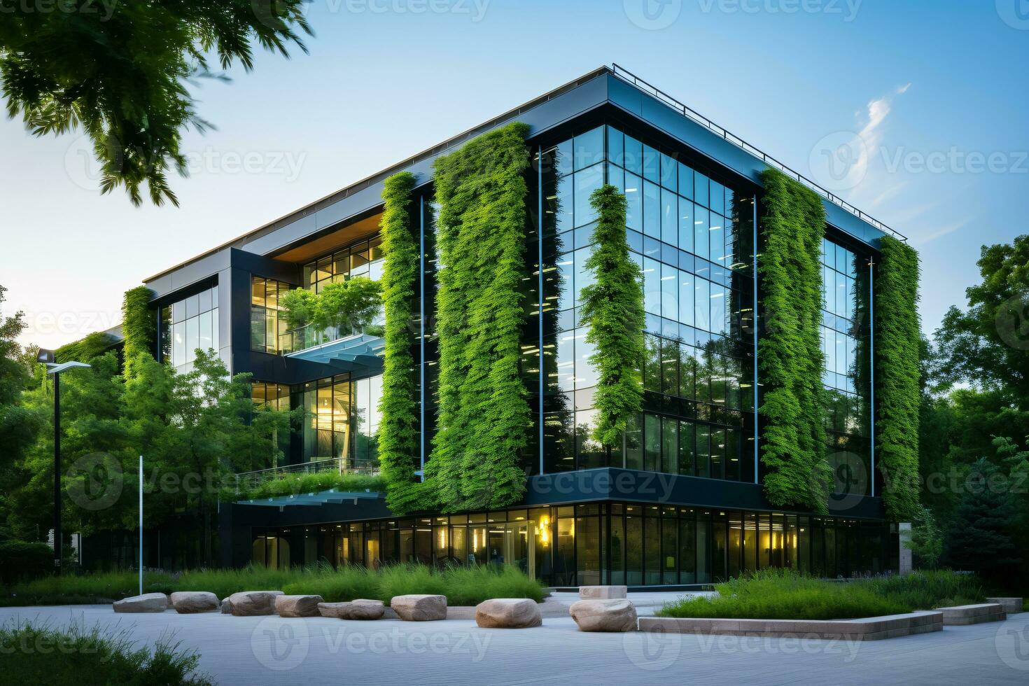 Eco-friendly building in the modern city. Sustainable glass office building with tree for reducing carbon dioxide. Office building with green environment. Corporate building reduce CO2. Generative AI. photo