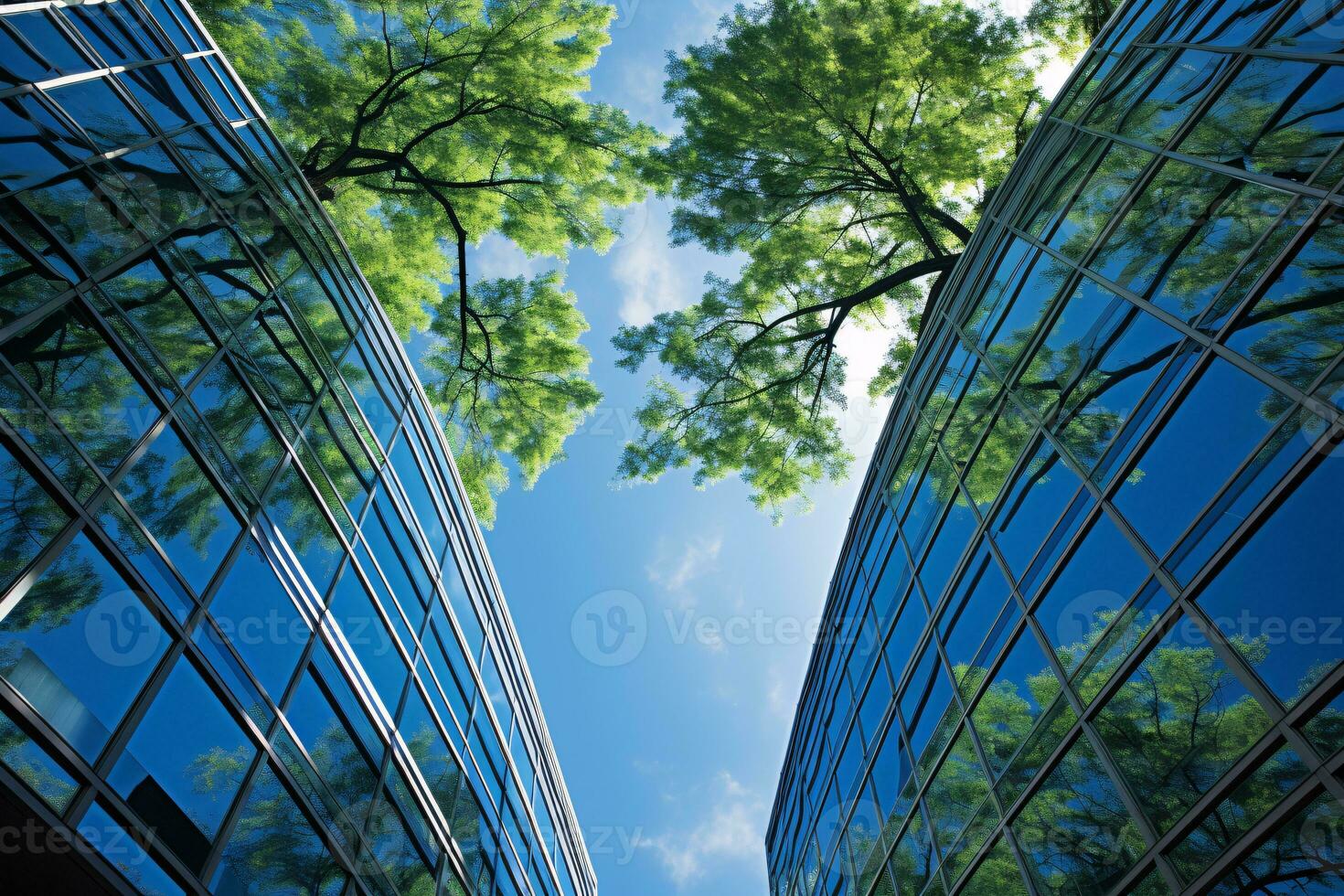 Eco-friendly building in the modern city. Sustainable glass office building with tree for reducing carbon dioxide. Office building with green environment. Corporate building reduce CO2. Generative AI. photo