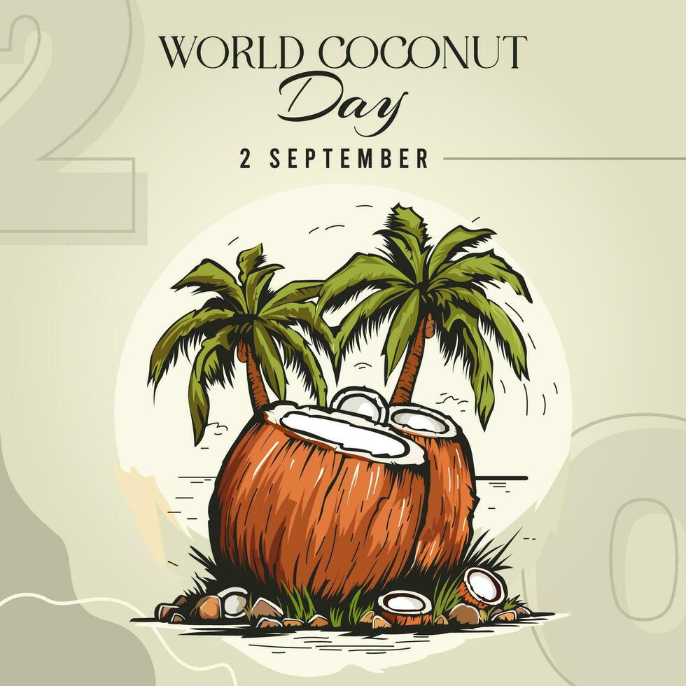 World coconut Day Social Media Design, Coconut Tree with Leaves and fruits Vector Stock Illustration