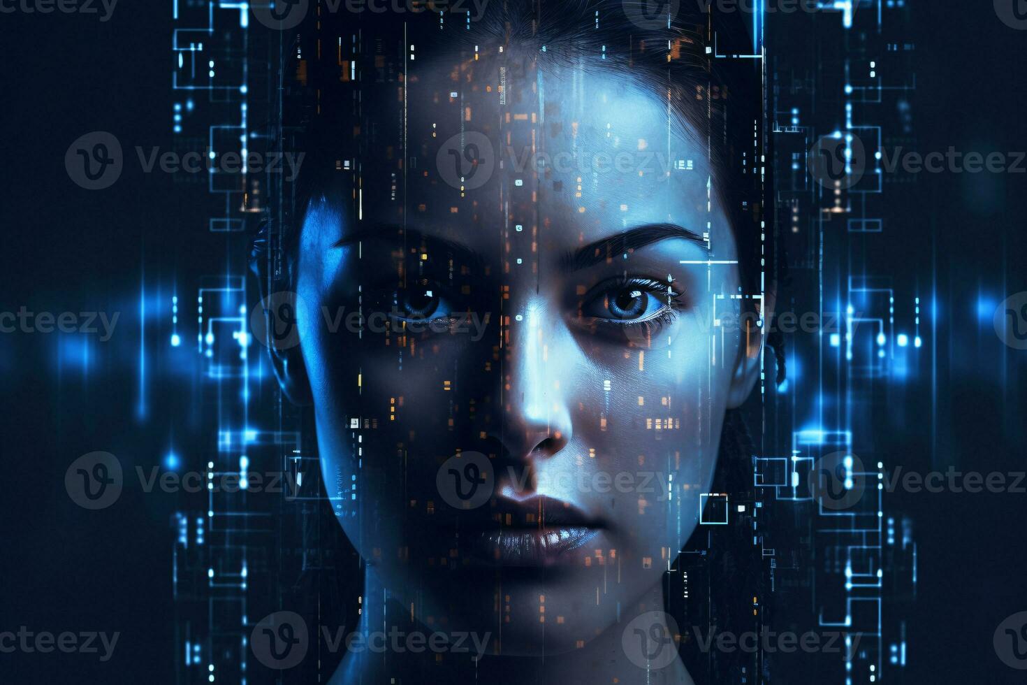 Artificial intelligence and digital technology background. Futuristic world. People interface with AI systems. Human mind and binary realm of data and information. Woman face recognized. Generative AI photo