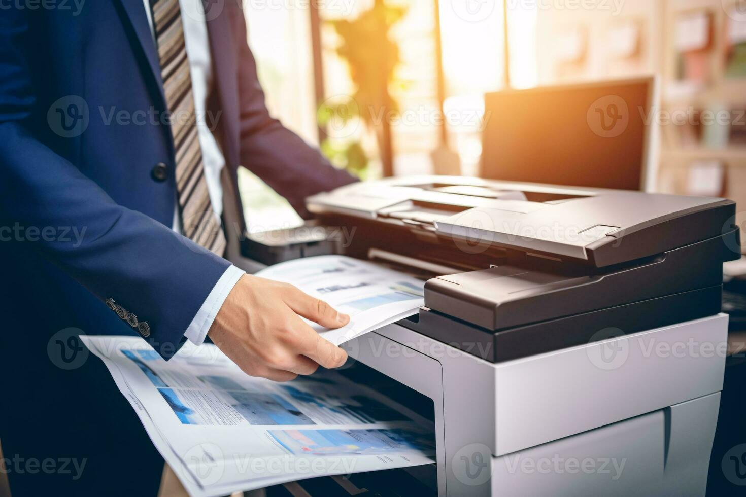 empresario impresión papel en un multifunción láser impresora en negocio oficina. documento y papeleo. secretario trabajar. Copiar, imprimir, escanear, y fax máquina. impresión tecnología. fotocopia. generativo ai. foto