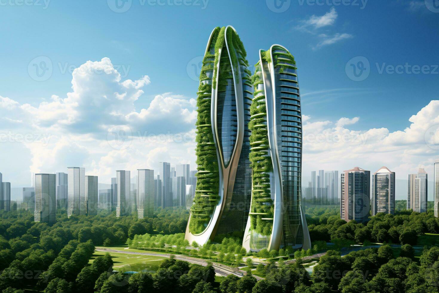 Sustainable green building in modern city. Green architecture. Eco-friendly building. Sustainable building with vertical garden reduce CO2. Futuristic building. Net zero emissions. Generative AI. photo