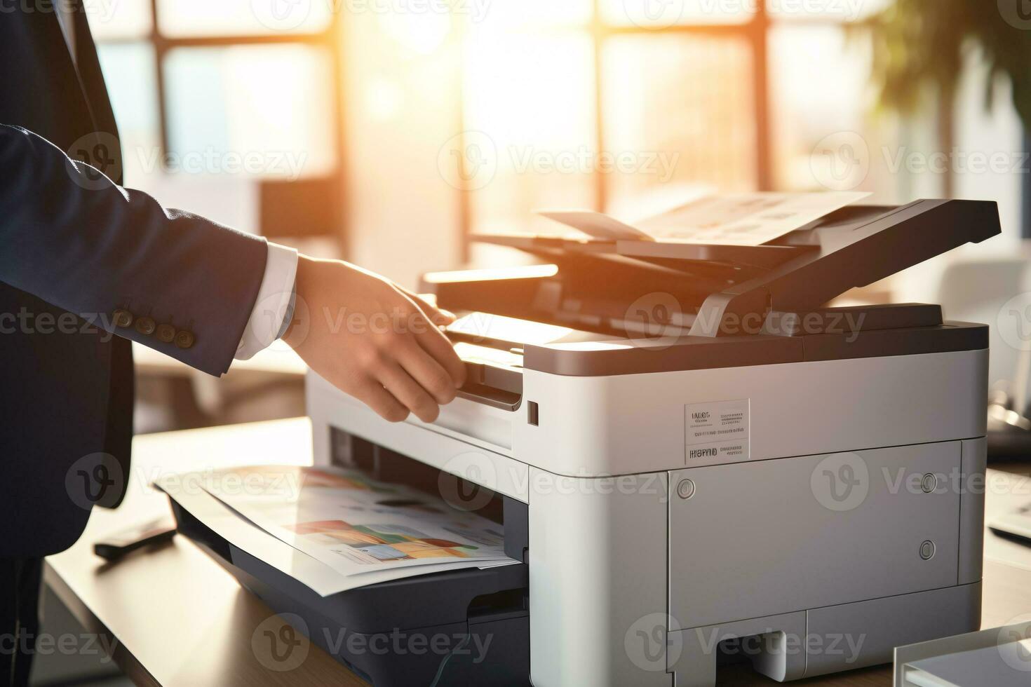 empresario impresión papel en un multifunción láser impresora en negocio oficina. documento y papeleo. secretario trabajar. Copiar, imprimir, escanear, y fax máquina. impresión tecnología. fotocopia. generativo ai. foto