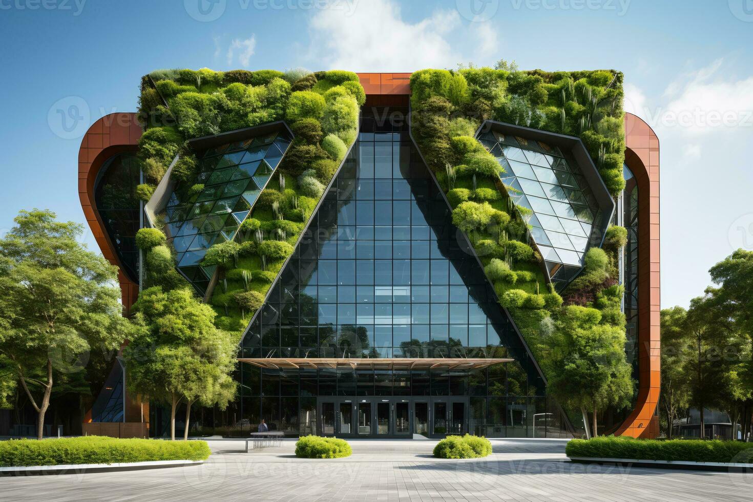 Eco-friendly building in the modern city. Sustainable glass office building with tree for reducing carbon dioxide. Office building with green environment. Corporate building reduce CO2. Generative AI. photo